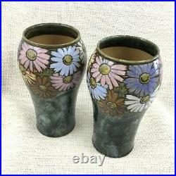 Pair of Royal Doulton Pottery Vases Stoneware Hand Painted Daisy Florrie Jones