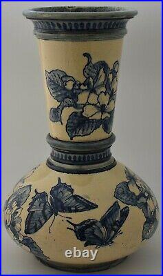 Rare Doulton Lambeth Faience Vase With Butterfly / Flowers / Foliage Design