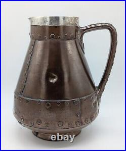 Rare Doulton Lambeth Silicon Stoneware Faux Copper Jug With Solid Silver Collar