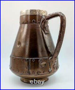 Rare Doulton Lambeth Silicon Stoneware Faux Copper Jug With Solid Silver Collar