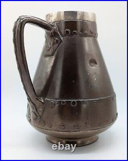 Rare Doulton Lambeth Silicon Stoneware Faux Copper Jug With Solid Silver Collar