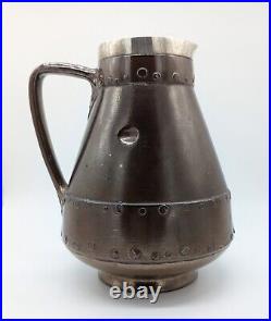 Rare Doulton Lambeth Silicon Stoneware Faux Copper Jug With Solid Silver Collar