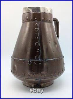 Rare Doulton Lambeth Silicon Stoneware Faux Copper Jug With Solid Silver Collar