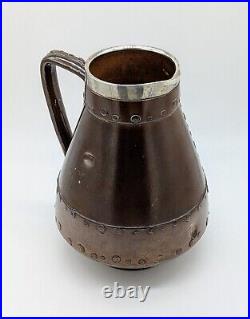 Rare Doulton Lambeth Silicon Stoneware Faux Copper Jug With Solid Silver Collar