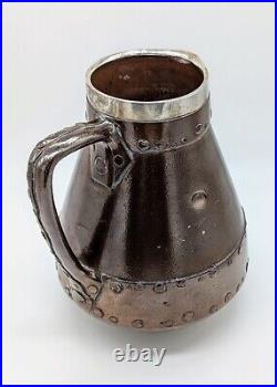 Rare Doulton Lambeth Silicon Stoneware Faux Copper Jug With Solid Silver Collar