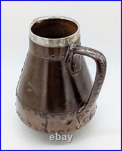 Rare Doulton Lambeth Silicon Stoneware Faux Copper Jug With Solid Silver Collar