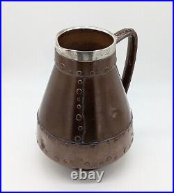 Rare Doulton Lambeth Silicon Stoneware Faux Copper Jug With Solid Silver Collar