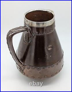 Rare Doulton Lambeth Silicon Stoneware Faux Copper Jug With Solid Silver Collar