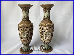 Rare, Doulton Lambeth c1883, Eliza Simmance Pair of Reticulated silicon Vases