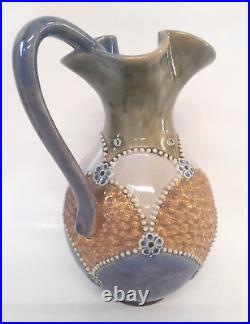 Royal Doulton Early 1900s Antique Lambeth Earthenware Ewer Jug Blue Gold Cream