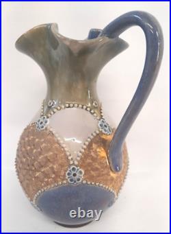 Royal Doulton Early 1900s Antique Lambeth Earthenware Ewer Jug Blue Gold Cream