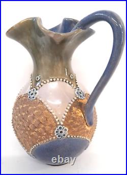 Royal Doulton Early 1900s Antique Lambeth Earthenware Ewer Jug Blue Gold Cream