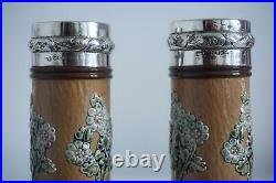 Royal Doulton Lambeth Art Nouveau Vases Silver Rims Ethel Beard c. 1903