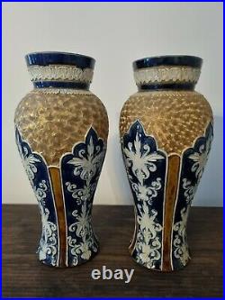 Royal Doulton Lambeth Slater Vases blue and gold lace No. 1690 Circa 1900's