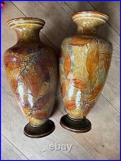 Royal Doulton Lambeth Ware Pair Of Leaf Glaze Vases Stunning 12