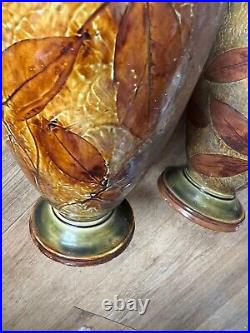 Royal Doulton Lambeth Ware Pair Of Leaf Glaze Vases Stunning 12