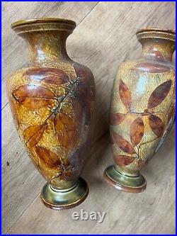 Royal Doulton Lambeth Ware Pair Of Leaf Glaze Vases Stunning 12