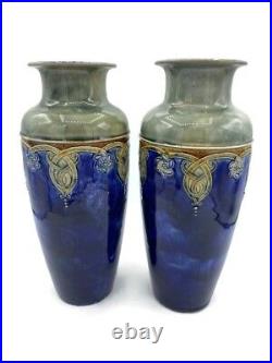 Royal Doulton Pair Of Lambeth Vases Blue Art Nouveau Excellent