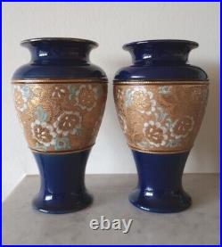 Royal Doulton Slaters Vases Pair 7013 21cmH Navy Gold Art Nouveau Vtg Grannycore