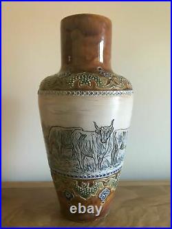 Superb 1907 Doulton Lambeth Hannah Barlow Highland Cattle Stoneware Vase