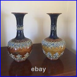 Two Doulton Lambeth Vases. C. 1890. Blue neck, Caramel Body. Good Condition