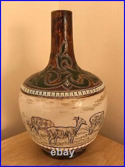 Victorian 1880 Doulton Lambeth Hannah Barlow Highland Goat Stoneware Guglet Vase