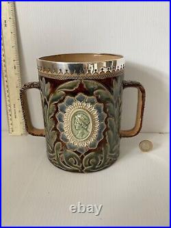 Vintage Doulton Lambeth Large 2 Handled Loving Cup Frank Butler Silver Rim 1878