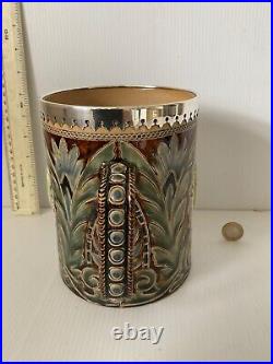 Vintage Doulton Lambeth Large 2 Handled Loving Cup Frank Butler Silver Rim 1878