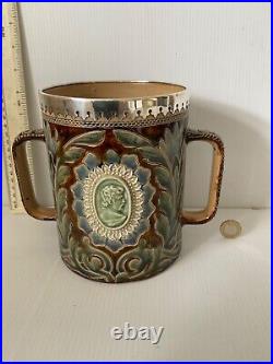 Vintage Doulton Lambeth Large 2 Handled Loving Cup Frank Butler Silver Rim 1878