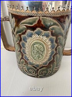 Vintage Doulton Lambeth Large 2 Handled Loving Cup Frank Butler Silver Rim 1878