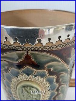 Vintage Doulton Lambeth Large 2 Handled Loving Cup Frank Butler Silver Rim 1878